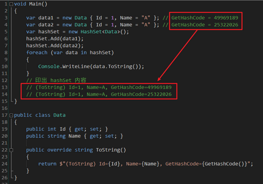 用 Object 的 GetHashCode 方法加入 HashSet